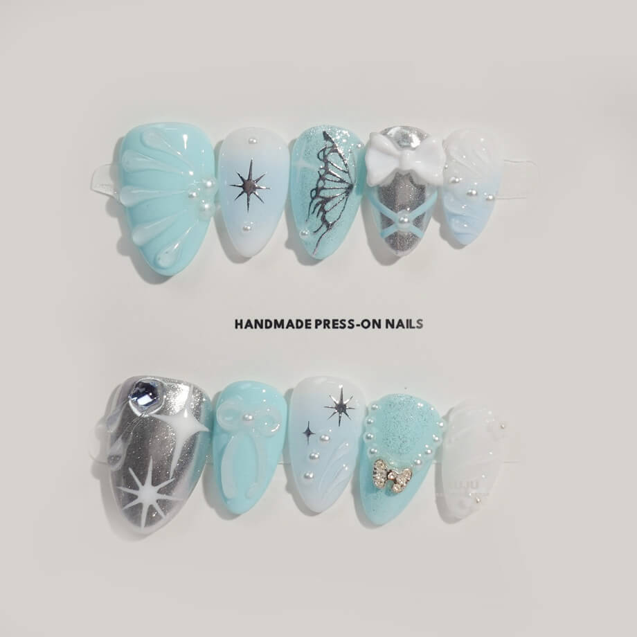 Ice Blue Butterfly Press-on Nails - Delicate Nail Art