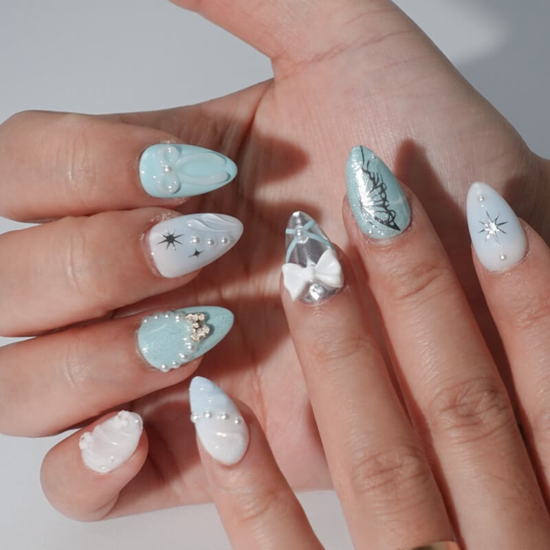 Ice Blue Butterfly Press-on Nails - Delicate Nail Art