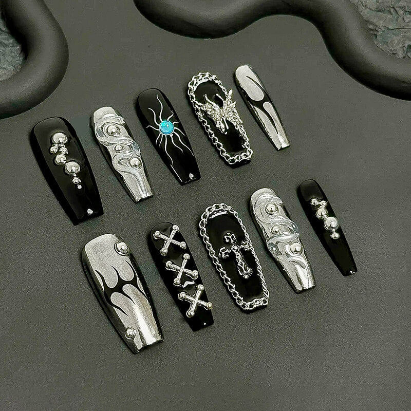 Gothic Style Black Press-on Nails with Silver Embellishments