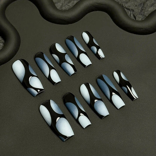 Midnight Waves Nails - Black and White Flow Press-On Nails