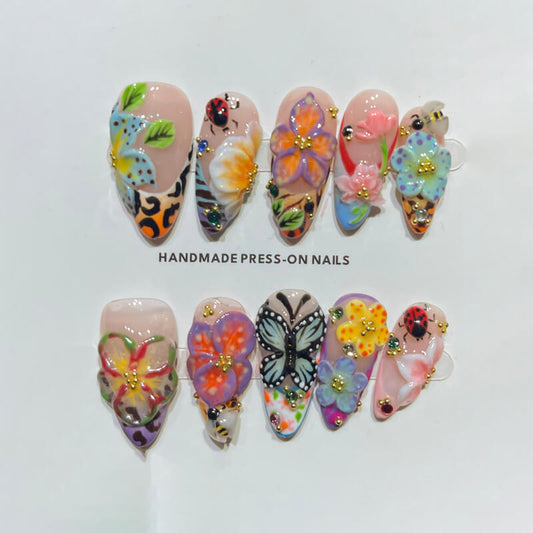 Hand-Painted Floral &amp; Butterfly Garden Press-On Nails