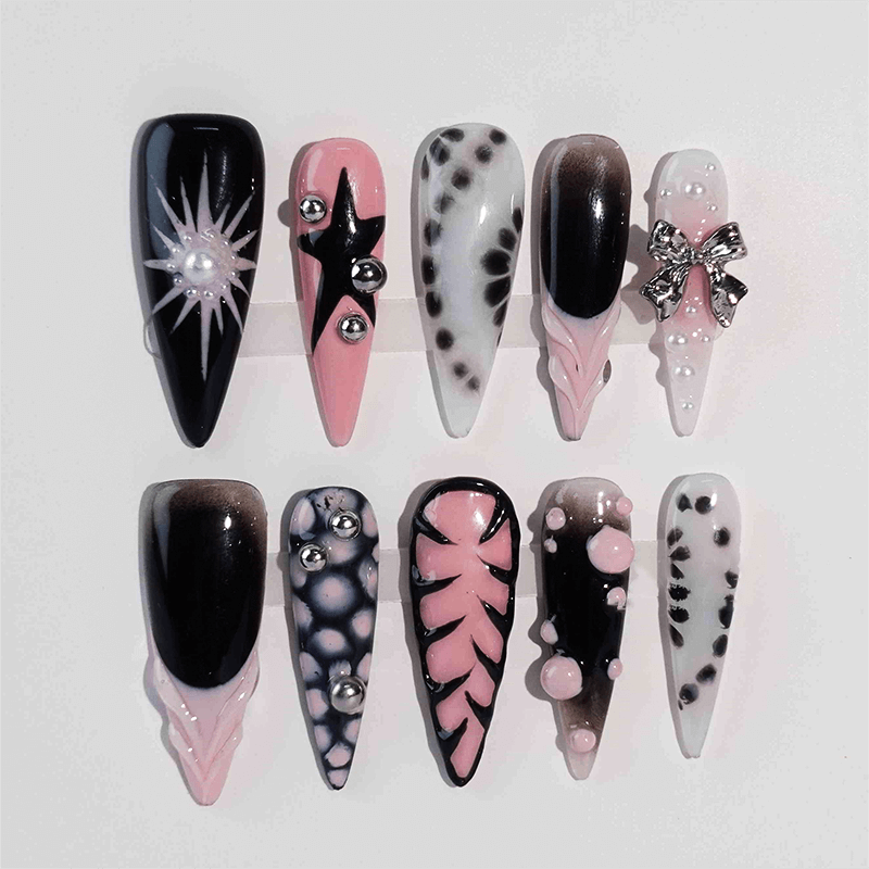 Black and White Star and Butterfly Press-on Nails