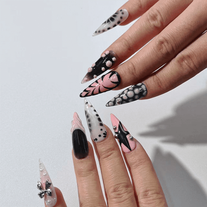 Black and White Star and Butterfly Press-on Nails