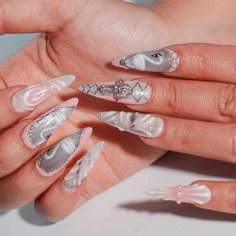 Ballerina Lace &amp; Swan Press-on Nails