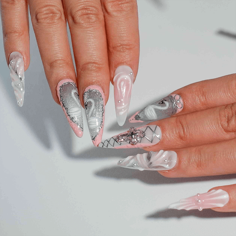 Ballerina Lace &amp; Swan Press-on Nails