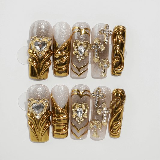 Golden Love Gemstone Press-on Nails