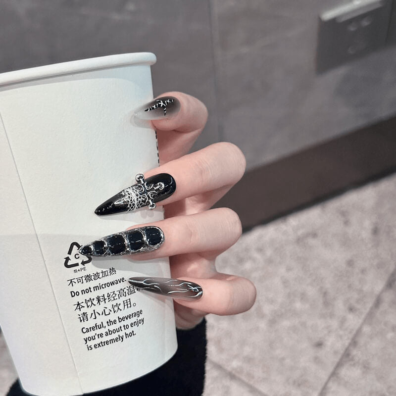 Black and White Spider Web Press-on Nails with 3D Spiders