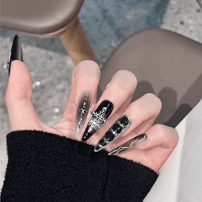 Black and White Spider Web Press-on Nails with 3D Spiders